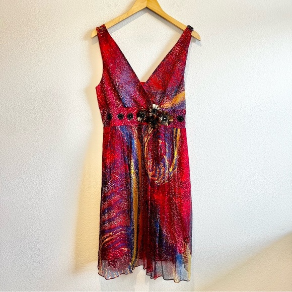Derby Chiffon Cocktail Dress Large Feathers Boho Festival Y2K Prom Resort V Neck - Picture 1 of 12